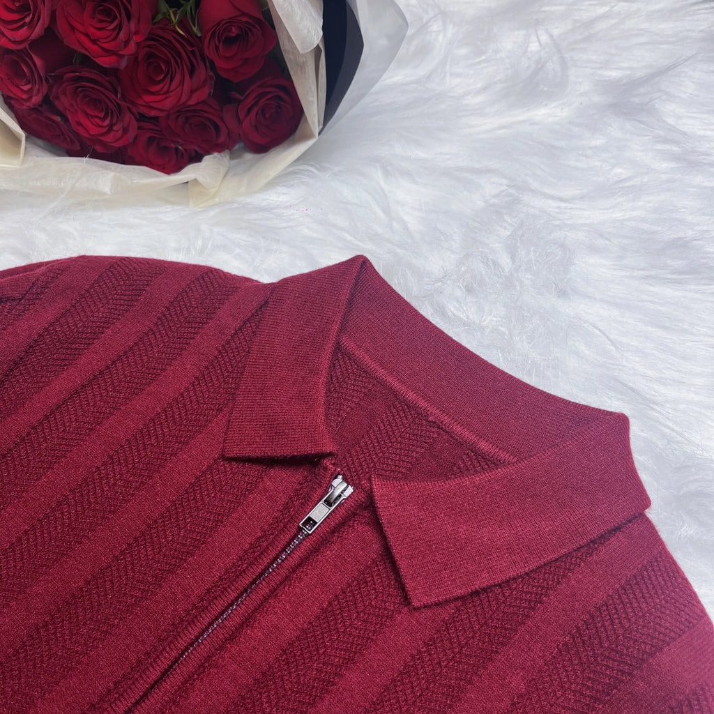 Men's Zip-Front Knit Sweater - White Polo Collar (Black/Burgundy/Cream) M-4XL Soft Touch Autumn Winter Casual Style