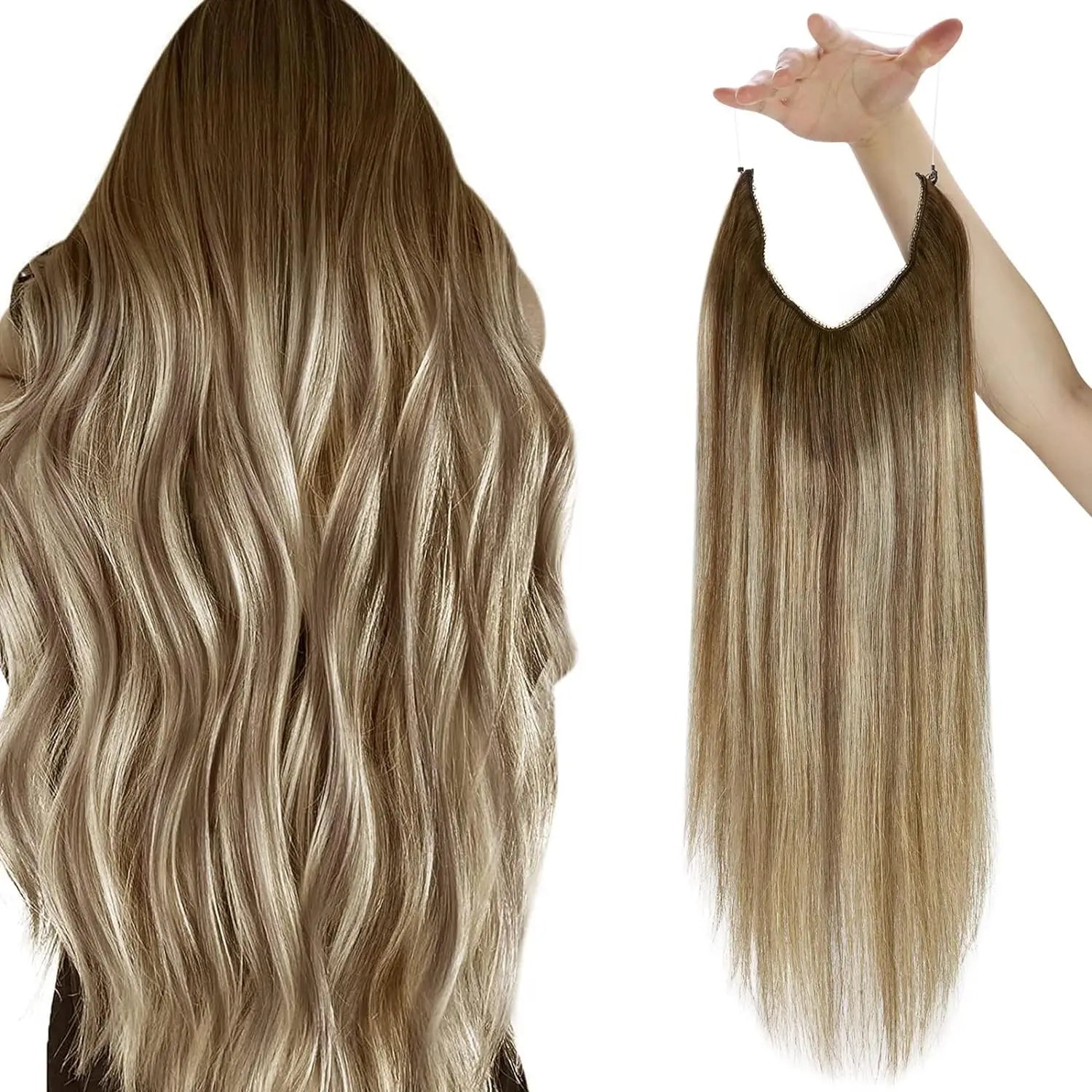 VeSunny Fish Line Human Hair Extension Remy Hair One Piece Invisible Wire Hair Weft Brazilian Hair Balayage Hair Extensions