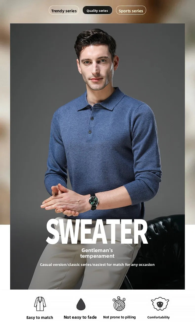 Top Grade Anti-Pilling New Fashion Men Knit Pullover Turndown Collar Autum Winter Slim Fit Warm Sweater Business Casual Jumper