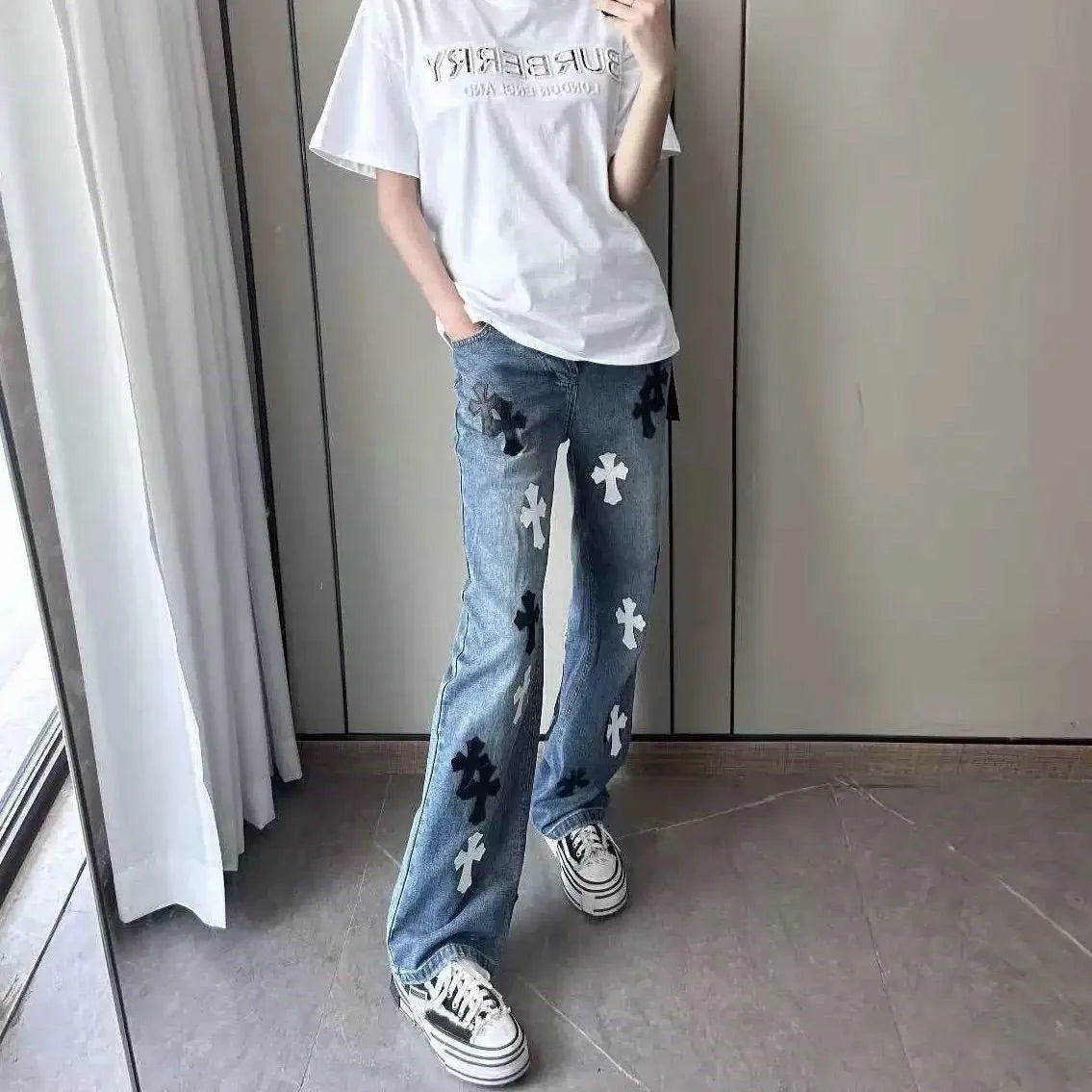 Casual Straight Leg Jeans Men's Loose Fit High Street Style Washed Denim Pants Tapered Leather Feel American Style