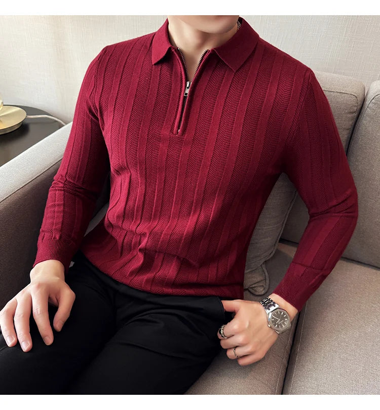 Men's Zip-Front Knit Sweater - White Polo Collar (Black/Burgundy/Cream) M-4XL Soft Touch Autumn Winter Casual Style
