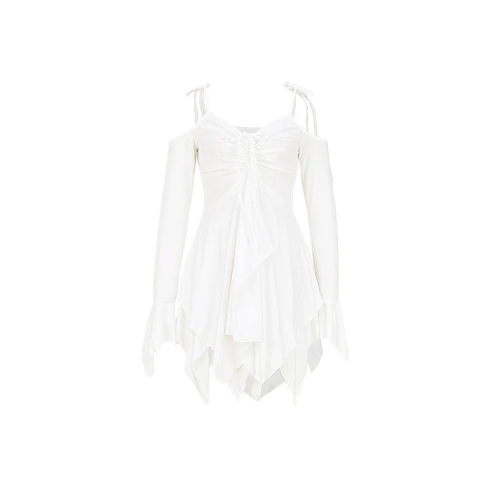 SKMY Women Clothing Drawstring Pleated Short Dresses Solid Color Y2K Irregular Lace-Up Off The Shoulder Long Sleeve Dress