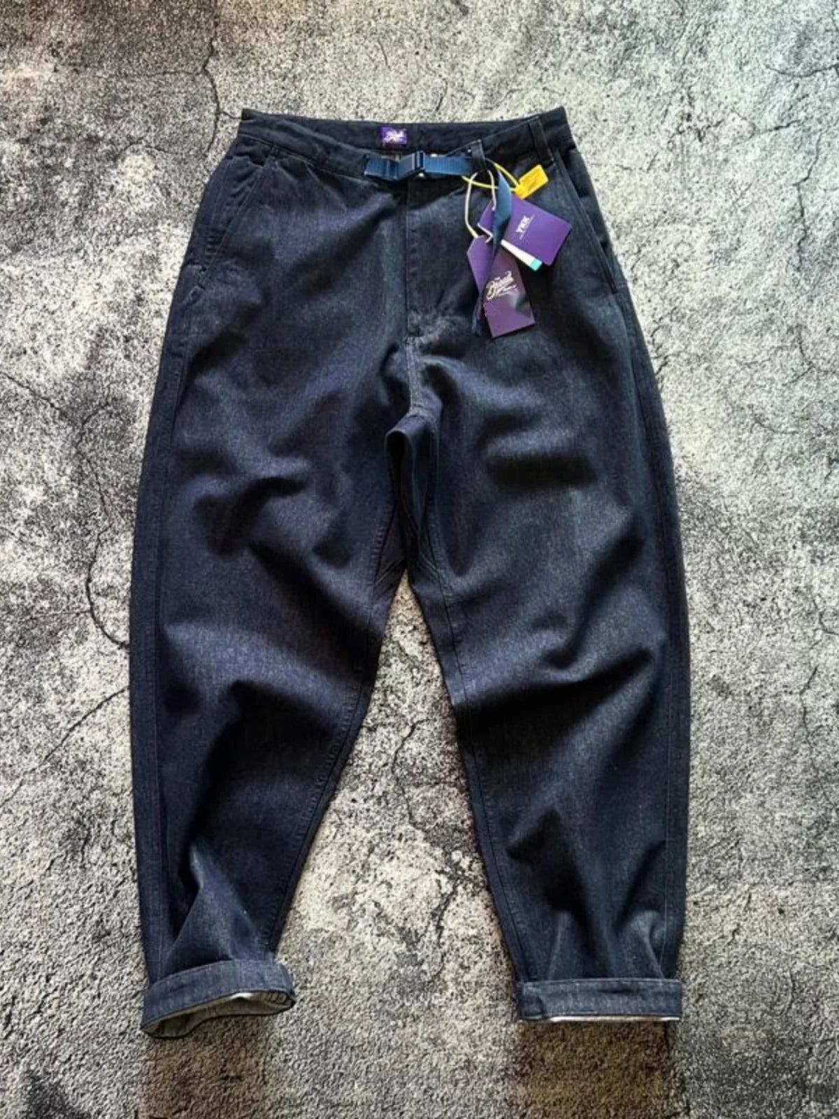 Japanese Retro Heavyweight Relaxed Wide-Leg Tapered Jeans for Men Purple Label Belted Streetwear Harlem Pants Vintage Dad Pants