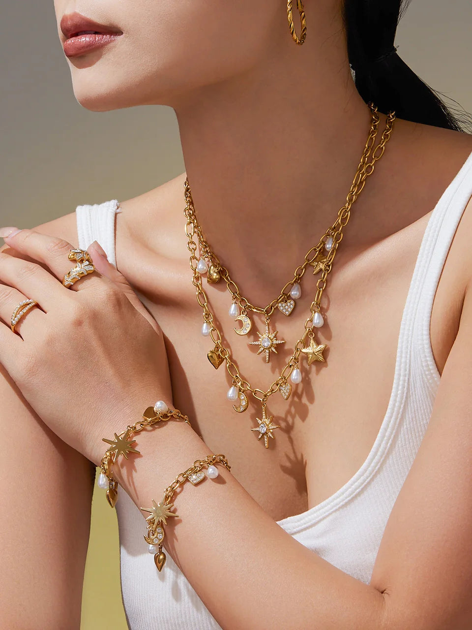 Zircon Heart, Star & Moon Jewelry Set | 18K Gold-Plated Stainless Steel Necklace & Bracelet