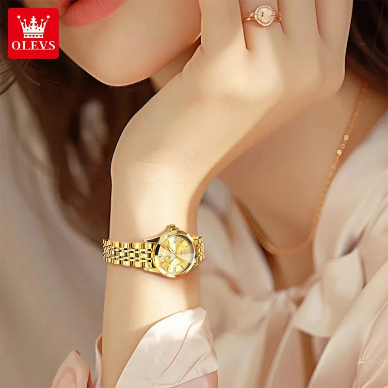 OLEVS 9977 Women's Quartz Watch Rhombus Mirror Waterproof Stainless Steel Elegant Luxury Ladies Hand Clock