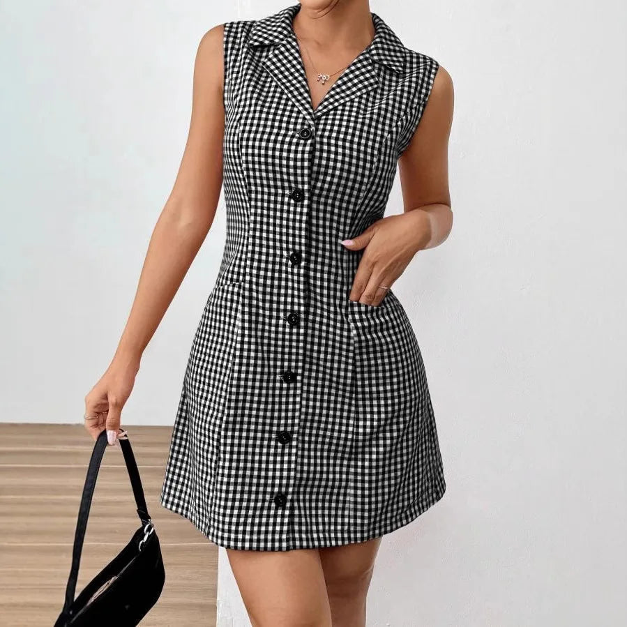 French Retro Plaid Dresses Women Summer New  Sleeveless Round Neck Button Up Cocktail Dress Female Bodycon Dresses Vestidos