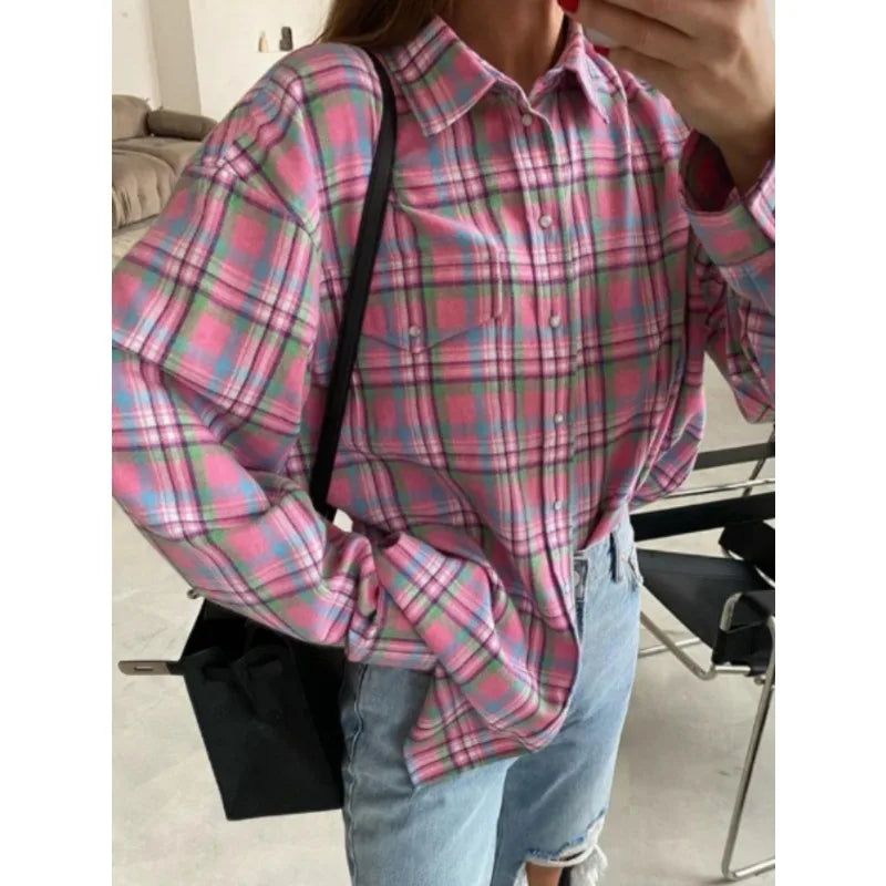 Fashion Baggy Plaid Women'S Blouse Elegant Lapel Long Sleeve Shirts And Blouses Vintage Pocket Lace-Up Top Female 2025