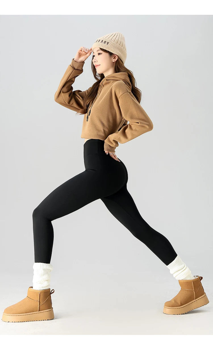 BIVIGAOS Snowflake Velvet Warm Sharkskin Leggings — Fleece-Lined High-Waist Winter Pants for Women