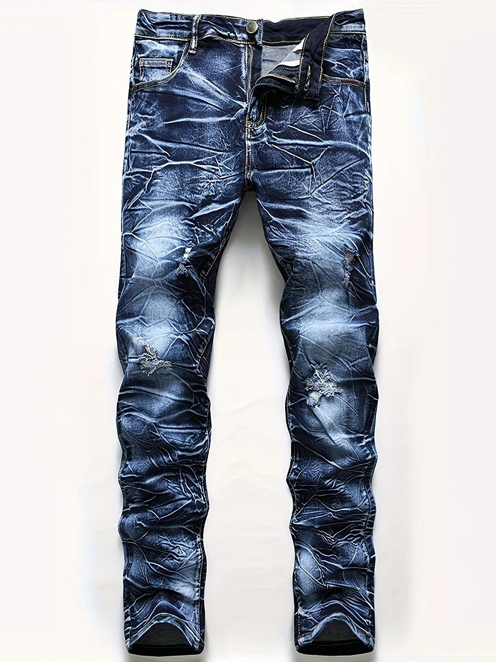 Men Hole Ripped Stretch Denim Jeans Streetwear Slim Tapered Pants Tie Dyed Trousers Men Green Jeans