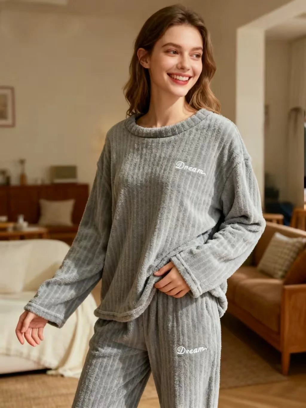Women’s Fleece-Lined Winter Pajama Set – Warm Top & Ankle Pants