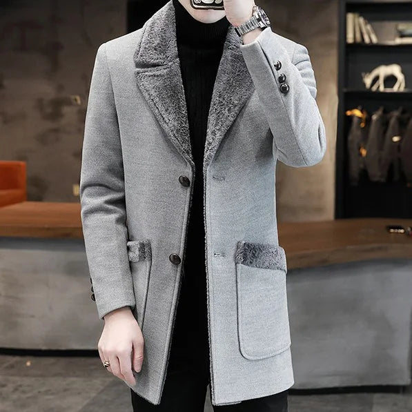 2025 Winter Men Plush Jacket Turn Down Collar Pocket Male Coat Single-breasted Long Sleeve Mid Length Business Man OverCoat