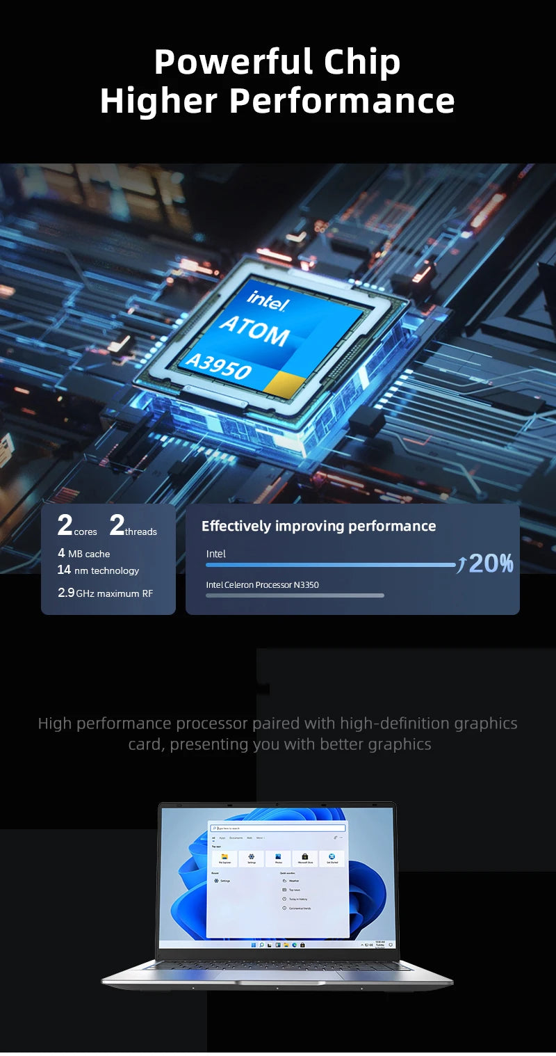 Xia Man 14.1″ Laptop — Intel Atom E3950, 12GB DDR4 RAM, 1TB SSD, Full HD 1080P IPS Display, Windows 11 Pro, Lightweight Office Notebook