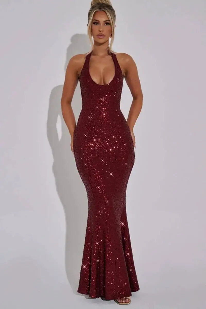 Giyu Sexy Glitter Sparkle Sequined Club Evening Party Dresses Women 2025 Summer Autumn Halter Backless Bodycon Maxi Long Dress
