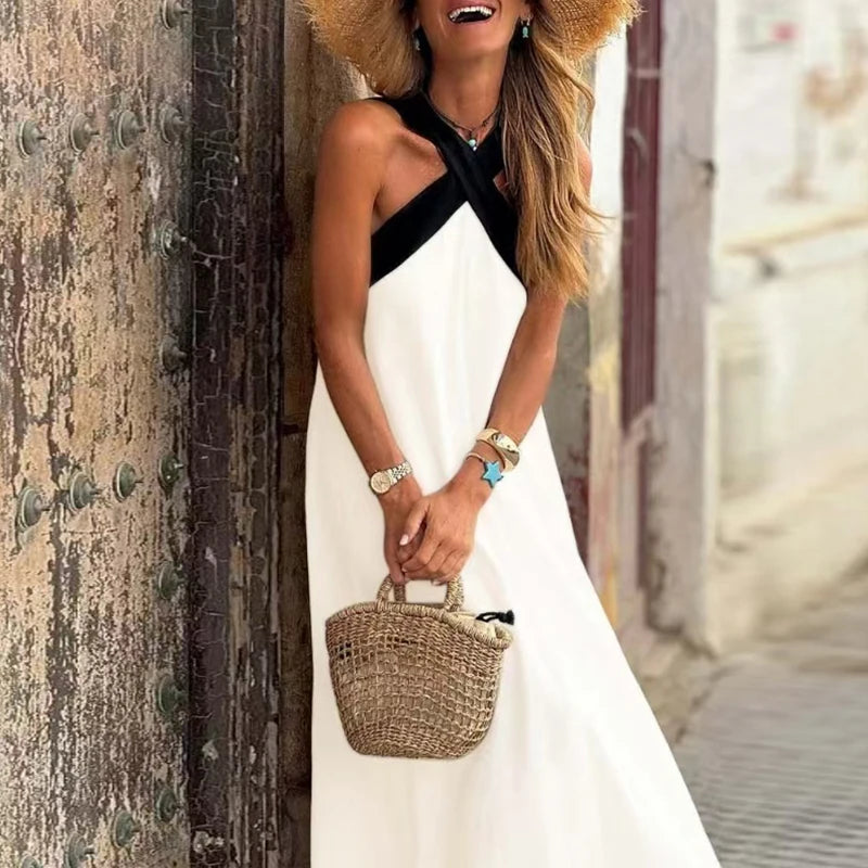 Vestido Sexy Cross Halter Sling Long Dress Women Spring Off Shoulder Hollow Party Dress Summer Sleeveless Backless Holiday Dress