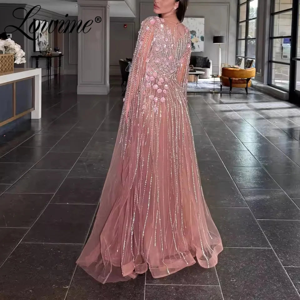 Pink Long Sleeves Women Evening Dress Elegant A Line Beading Women Party Dresses Customized Robes 2026 Dubai Arabic Party Gowns