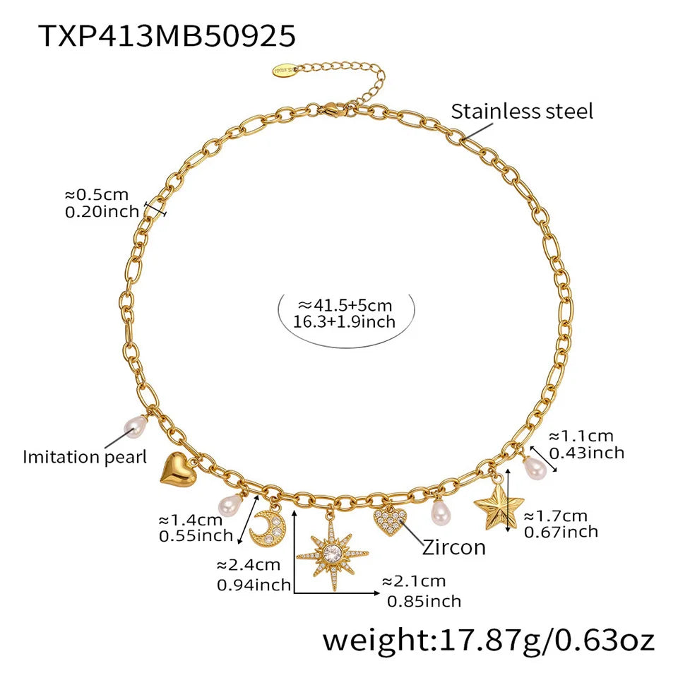 Zircon Heart, Star & Moon Jewelry Set | 18K Gold-Plated Stainless Steel Necklace & Bracelet