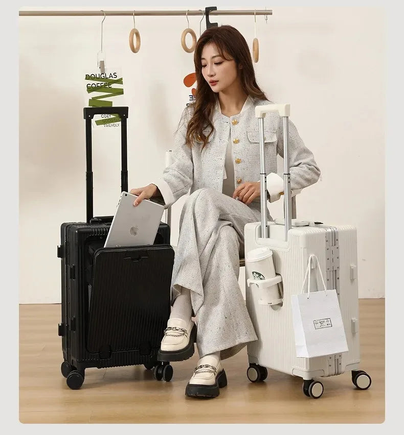 Suitcase Front Opening Pocket Aluminum Alloy Frame Rolling Luggage with USB Charging Plug Trolley Carry-on Case Bag with Wheel
