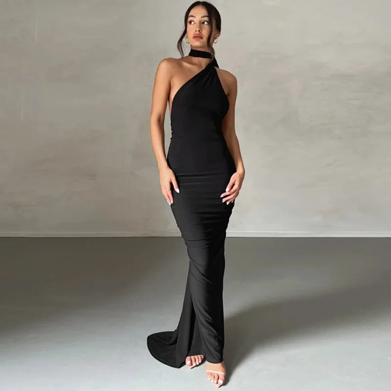 Women's One-Shoulder Sleeveless Maxi Dress Adjustable Scarf Loop Ruched Backless Bodycon Festival Party Outfit Elegant Long Gown