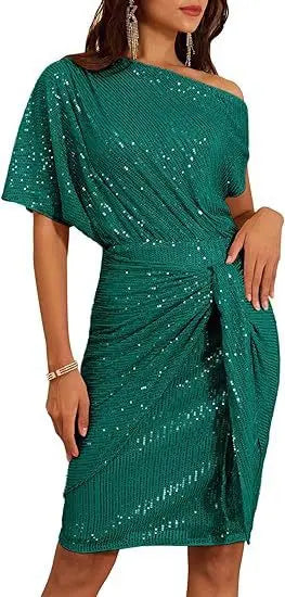 Ladies Trimmed Shiny Party Club Shoulder Folds Toast Dress Fashion Dress