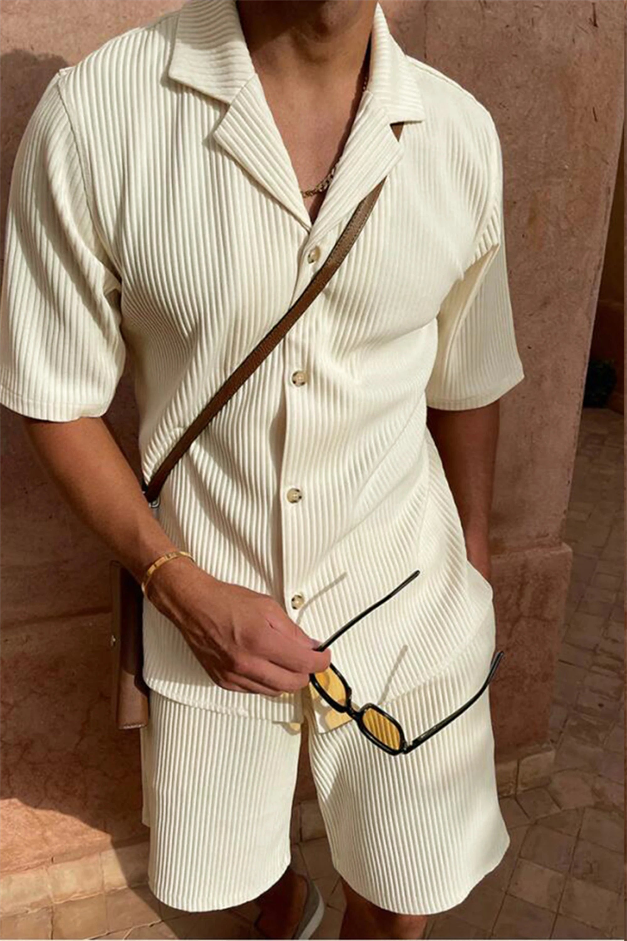 Men’s Spring/Summer Corduroy Short-Sleeve Shirt & Shorts Set