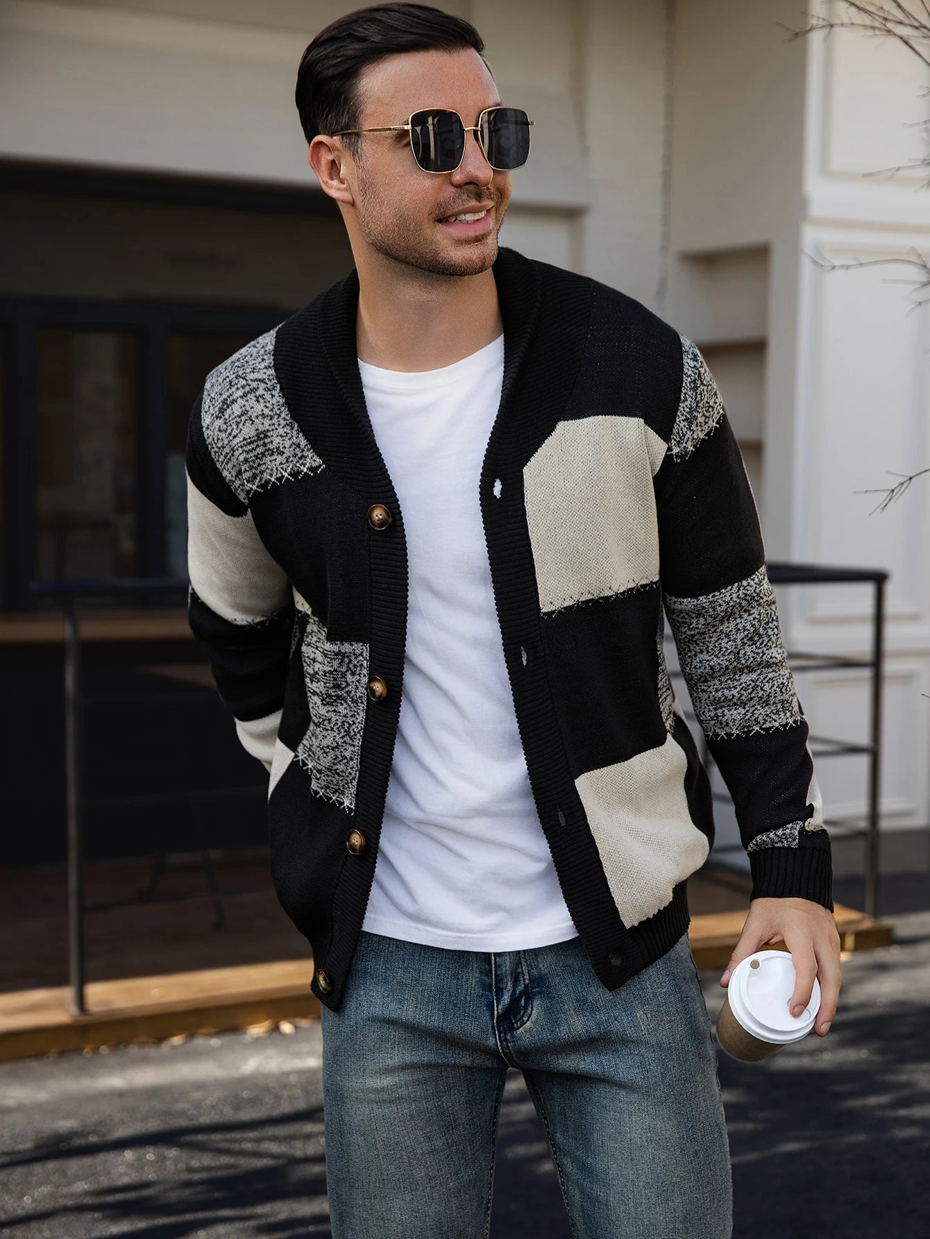Men's Autumn and Winter Cardigan Sweater, Black-White-Gray Plaid Color Block, Casual and Versatile Knitted Jacket