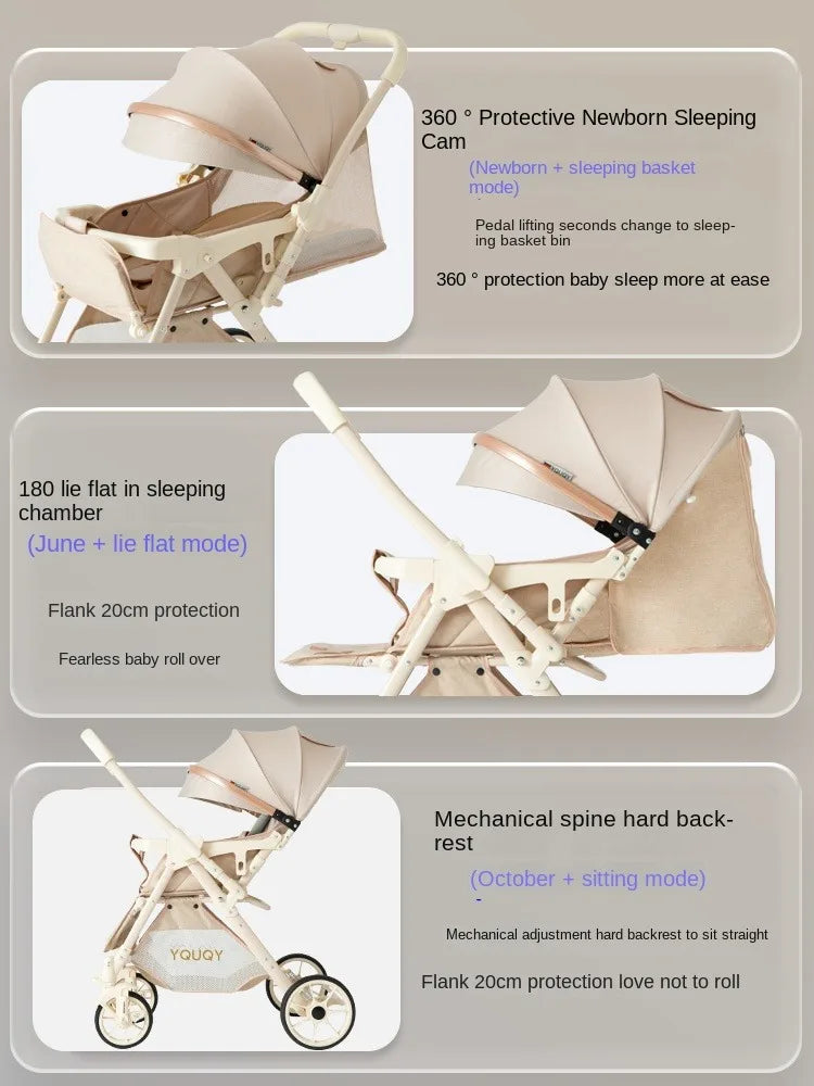 Baby Stroller Two-way Pushchair Can Sit and Lie Large Seat 0 to 3 Years Old Children Lightweight Folding Stroller Large Wheels