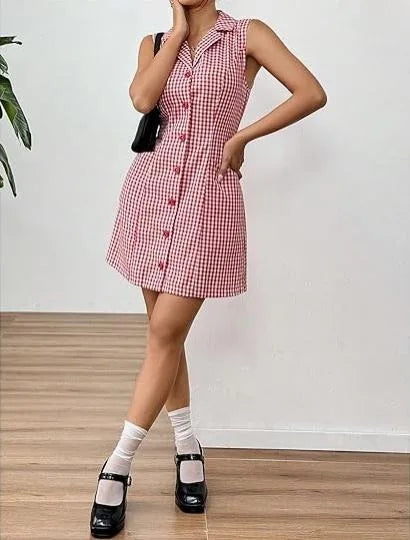 French Retro Plaid Dresses Women Summer New  Sleeveless Round Neck Button Up Cocktail Dress Female Bodycon Dresses Vestidos