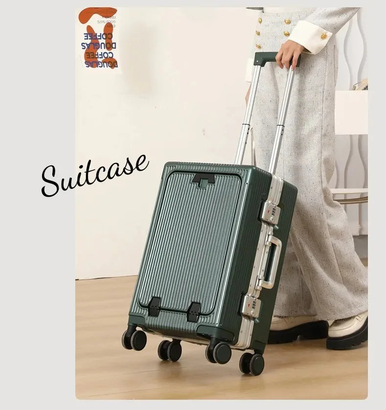 Suitcase Front Opening Pocket Aluminum Alloy Frame Rolling Luggage with USB Charging Plug Trolley Carry-on Case Bag with Wheel