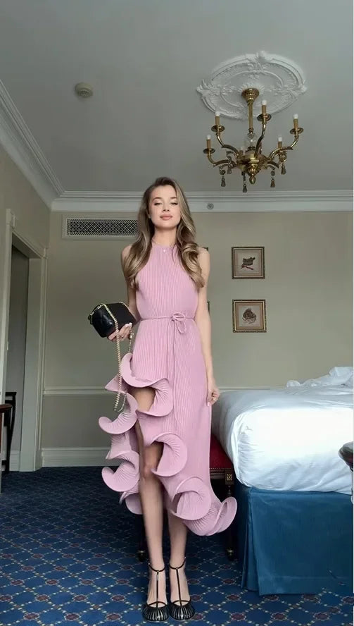 Women Romantic Yellow Halter Maxi Dress Ribbed Knit Ruffled High-slit Slim-fit Vestido 2026 Lady New Spring Trendy Fashion Robes