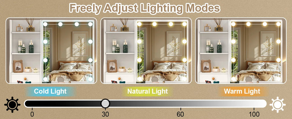 Lighted Vanity Desk Dressing Table Dresser Desk With Stool Set LED Makeup Mirror