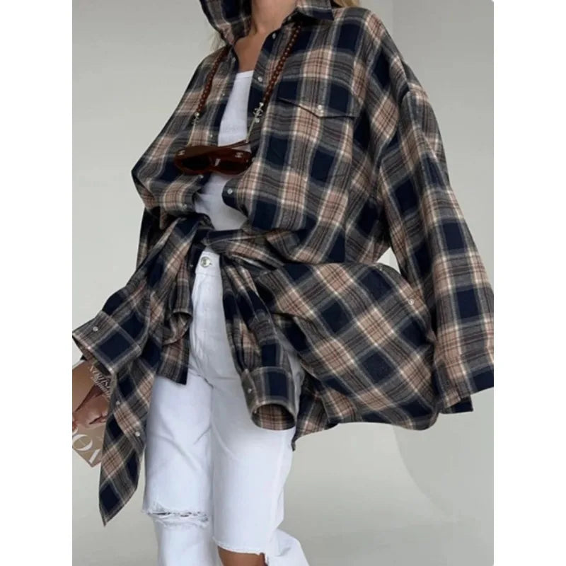 Fashion Baggy Plaid Women'S Blouse Elegant Lapel Long Sleeve Shirts And Blouses Vintage Pocket Lace-Up Top Female 2025