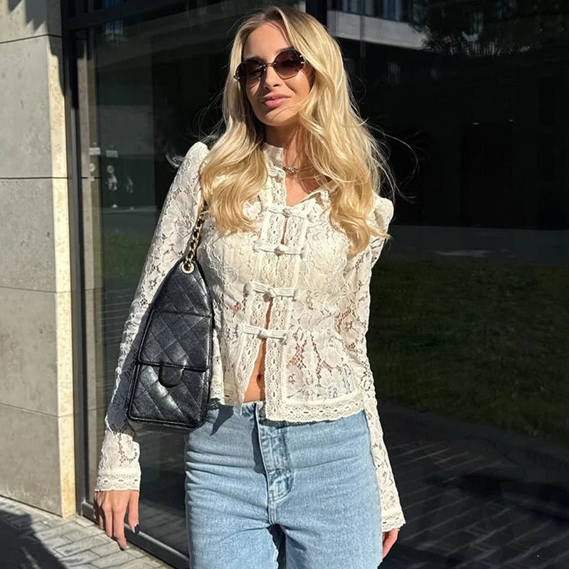 Tornova 2025 New Lace Hook Flower Women's Shirt Fashion Commuting Long Sleeve Cardigan Top Retro Slim Stand Collar Lady Blouses