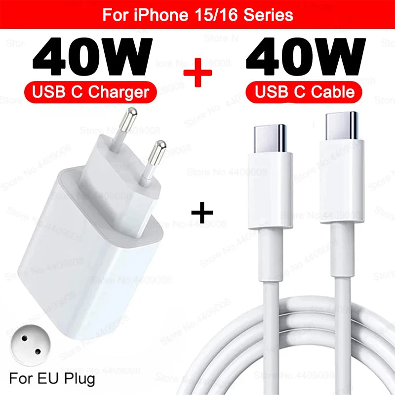 For Apple 40W For iPhone Charger USB Type C Fast Charger For iPhone 16 15 14 13 12 11 Pro Max Plus PD Charging Cable Accessories