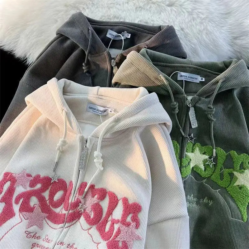 Fashion Embroidery Zip Up Hoodies Women Autumn Long Sleeve Tops Loose Hood Shirt Harajuku Y2K Clothes Female Sweatshirt Jacket