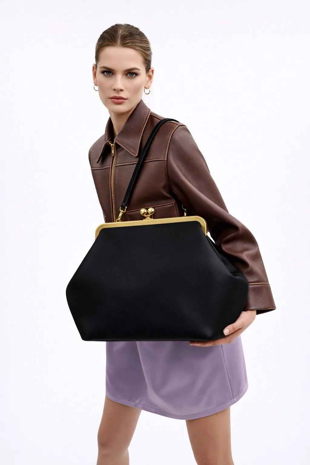 Fashion Large Kisslock Clutch Bag for Women Designer Clip Shell Women Shoulder Bags Luxury Soft Pu Leather Pink Color Handbags