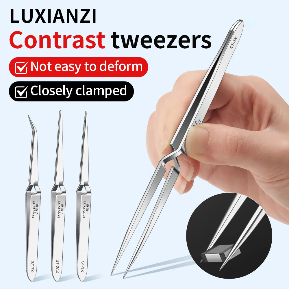 LUXIANZI Stainless Steel Reverse Tweezers Anti-Static Industrial Tweezers Acid Resistant Non-magnetic Precision Forceps Tools