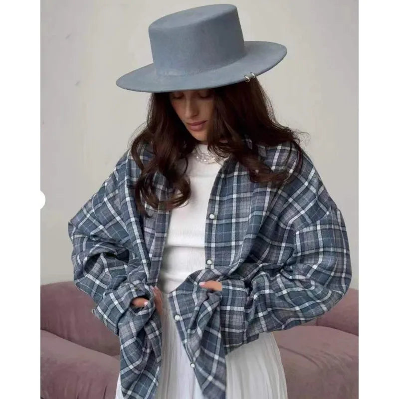 Fashion Baggy Plaid Women'S Blouse Elegant Lapel Long Sleeve Shirts And Blouses Vintage Pocket Lace-Up Top Female 2025
