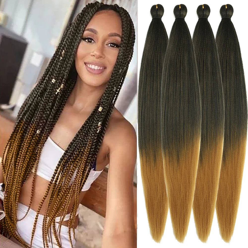 4Pcs Ombre prestretched Braiding Hair Natural Yaki synthetic Ez Braid for box braids&twists Women everyday&festival wear