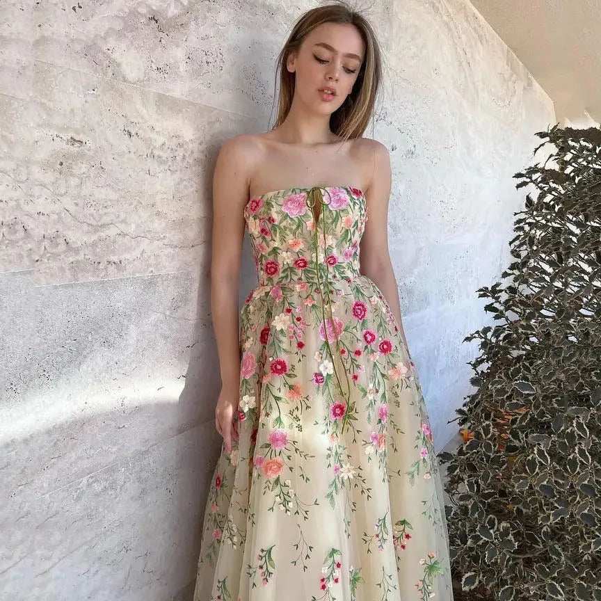 Flower Lace Graduation Party Dress Sexy Strapless Tea Long A-Line Celebrity Prom Gown Special Event Vestidos De Gala Customized