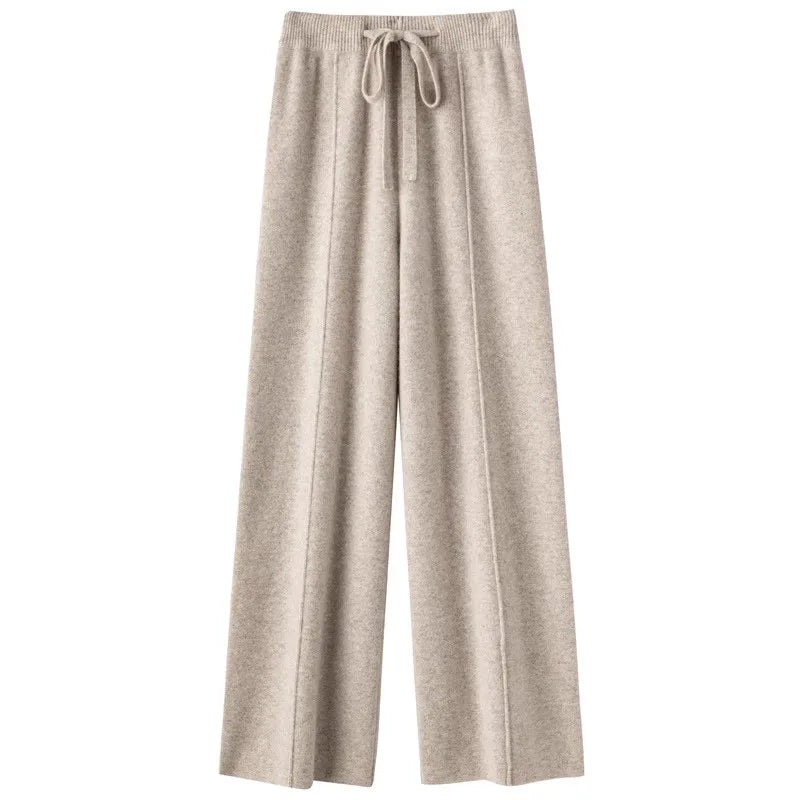Women’s High-Waist Belted Knit Pants – Solid Color, Center-Crease Wide-Leg (Autumn/Winter 2026)