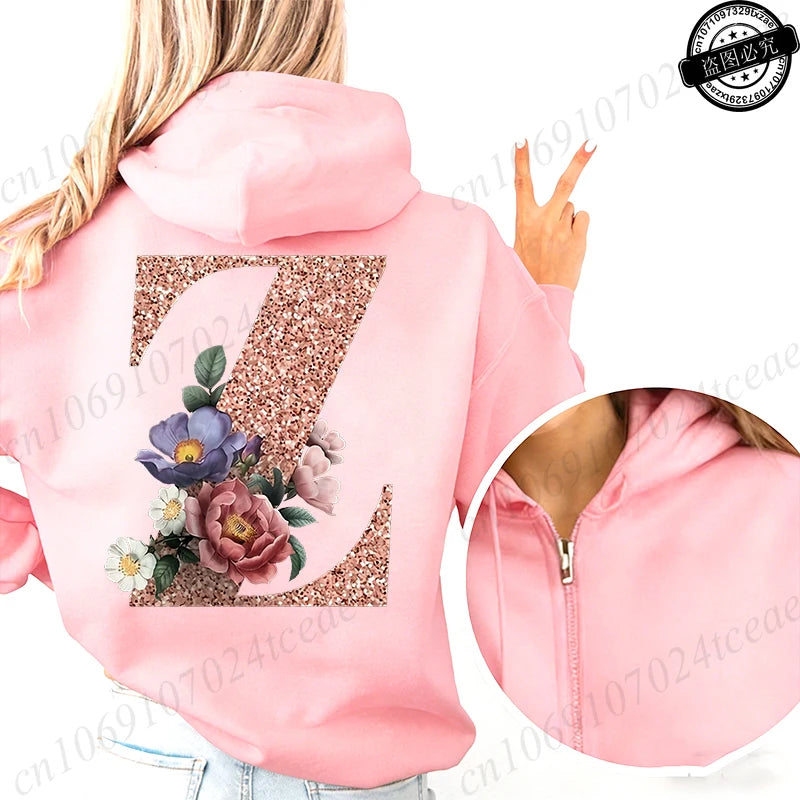Women Zip Up Hoodies Rose Gold Letter A~Z Zipper Jackets Coats Autumn Winter Hoody Sweatshirt Fashion Casual Zip Pink Hoodie Top