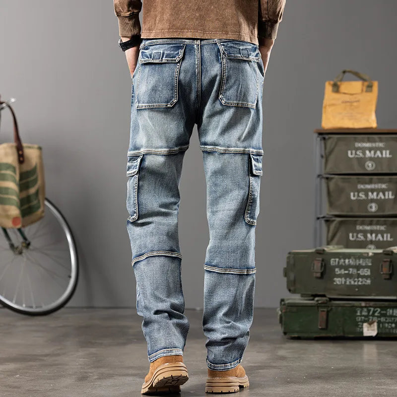 Autumn New Styles Outdoor Men'S Wide Leg Jeans Workwear Multi-Pocket Straight Pents Baggy Jeans Plus Size Tapered Jeans