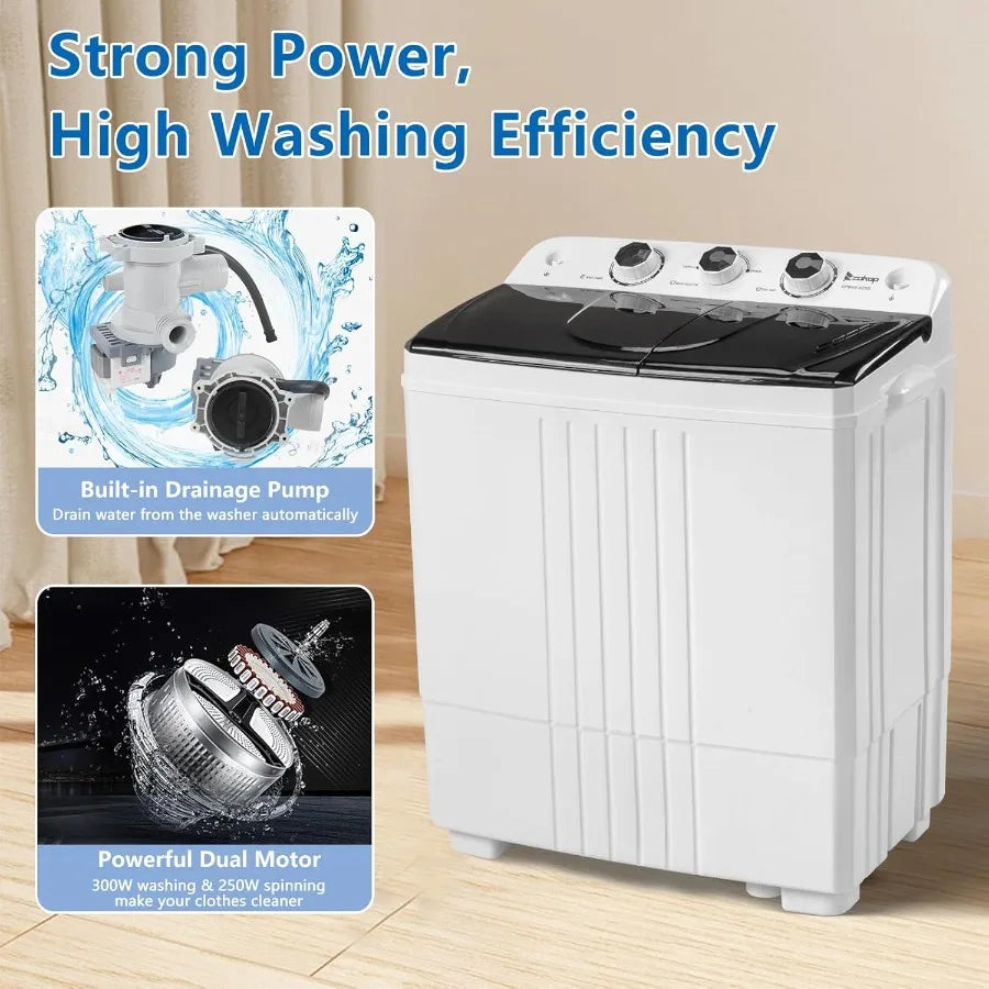 20LBS Portable Washing Machine Compact Mini Washer Machine Dryer Combo Built-in Gravity Drain Small Twin Tub Washer with Spin C