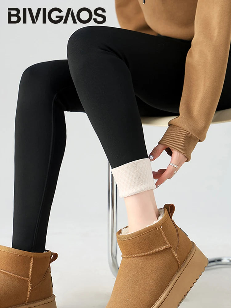BIVIGAOS Snowflake Velvet Warm Sharkskin Leggings — Fleece-Lined High-Waist Winter Pants for Women