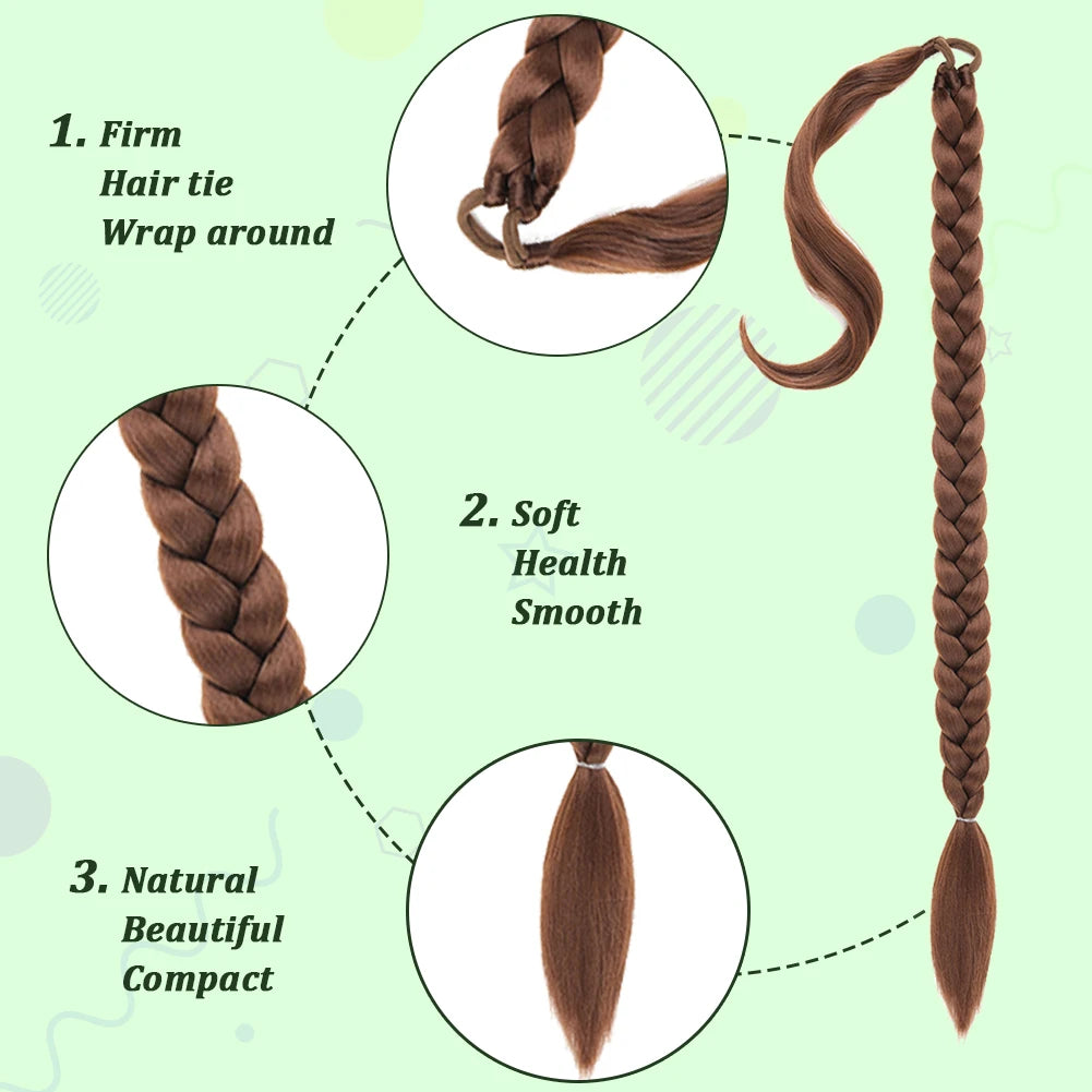Long DIY Braided Ponytail Extension With Hair Tie Straight Wrap Around Synthetic Hair Extensions