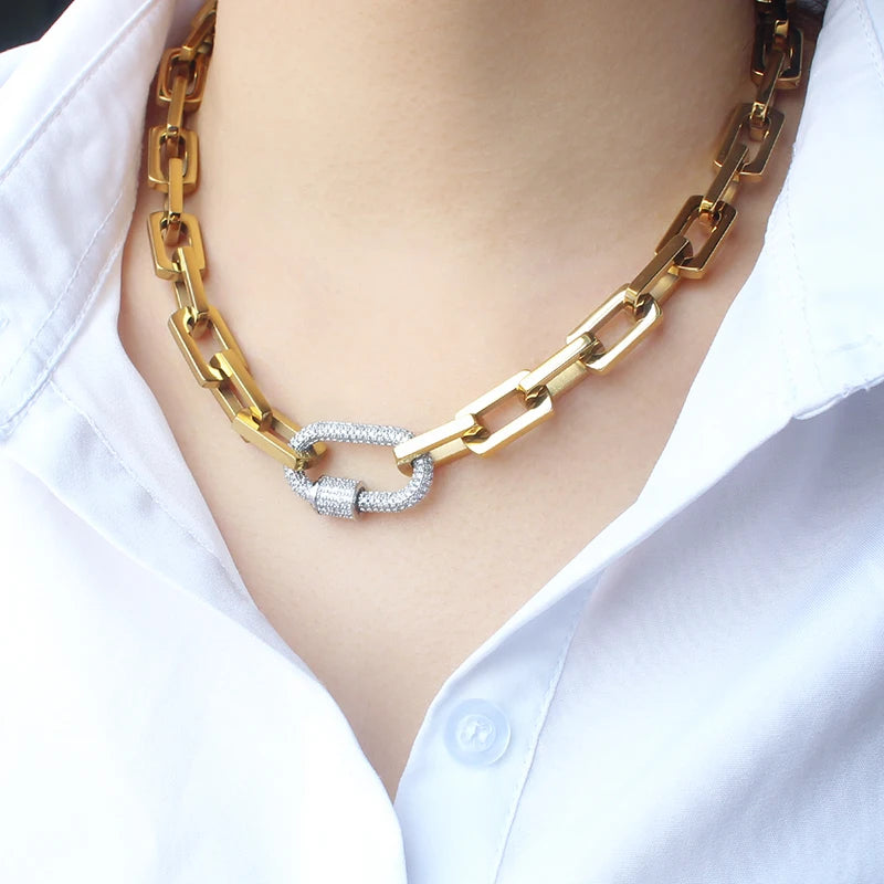 18K Gold & Silver Chunky Paperclip Chain Necklace | Zircon Carabiner Lock Minimalist Jewelry