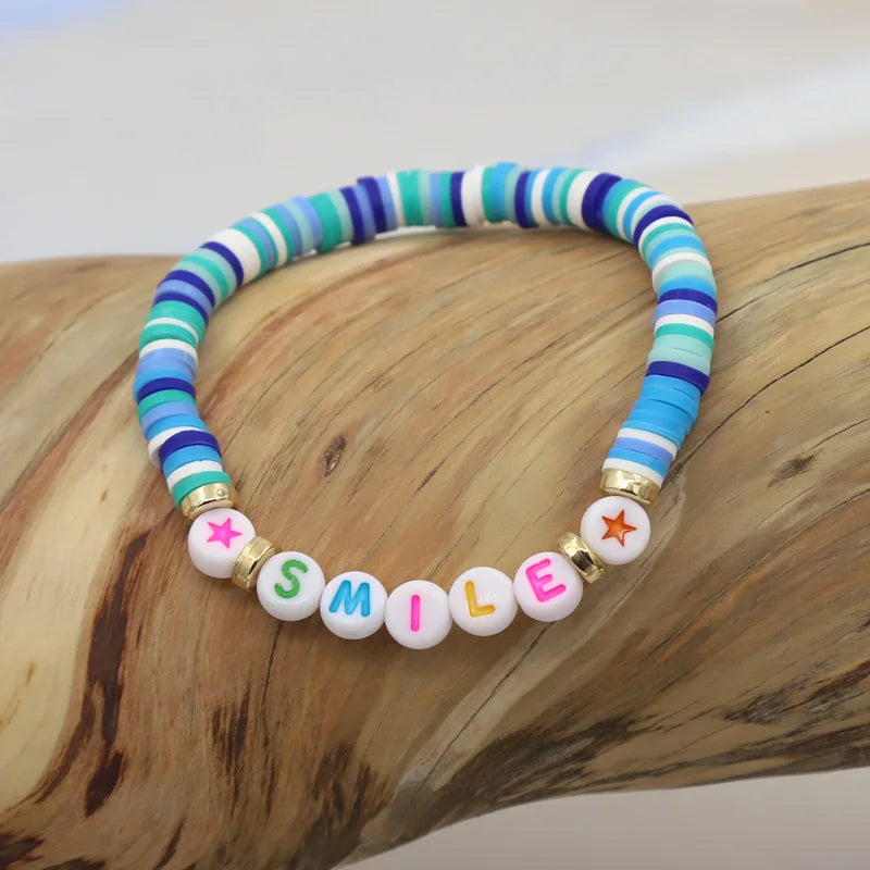 Multicolor Clay Beaded Letter Bracelet | Custom Friendship & Love Boho Jewelry