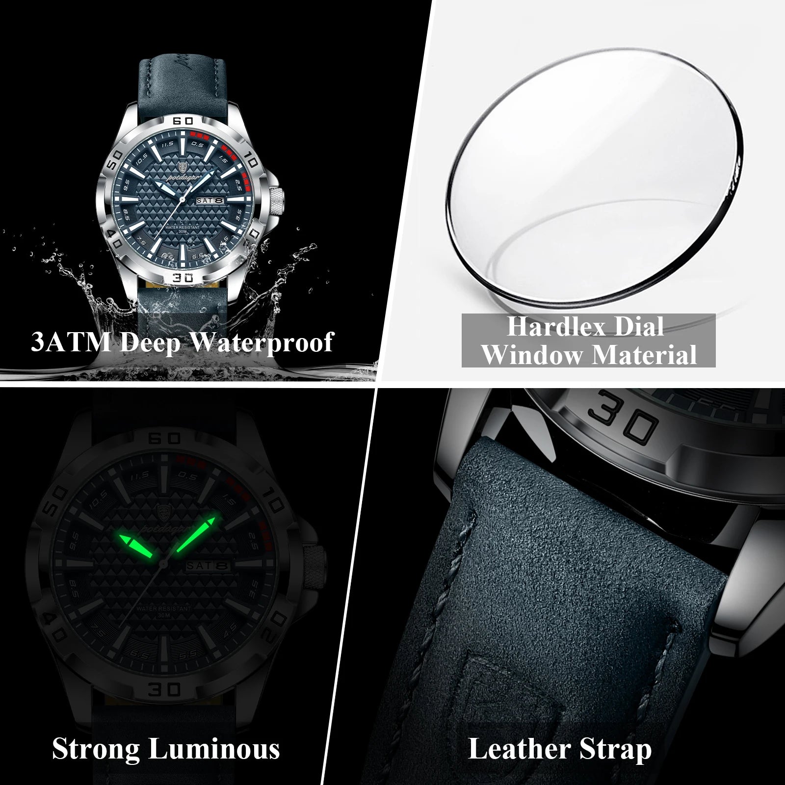 POEDAGAR Original Man Wristwatch Top Luxury Waterproof Luminous Date Week Watch For Men Quartz Sport Leather Men's Watches Reloj