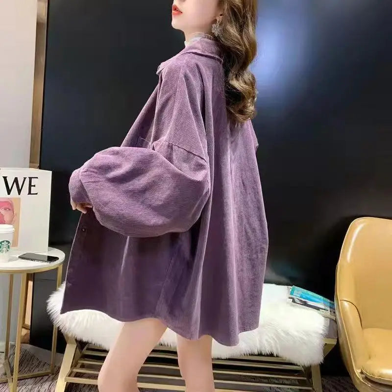 Women's Long Sve Corduroy irt Spring Autumn Loose Casual Sle Versatile Lazy Faion Outerwear Top Warmth Conservation
