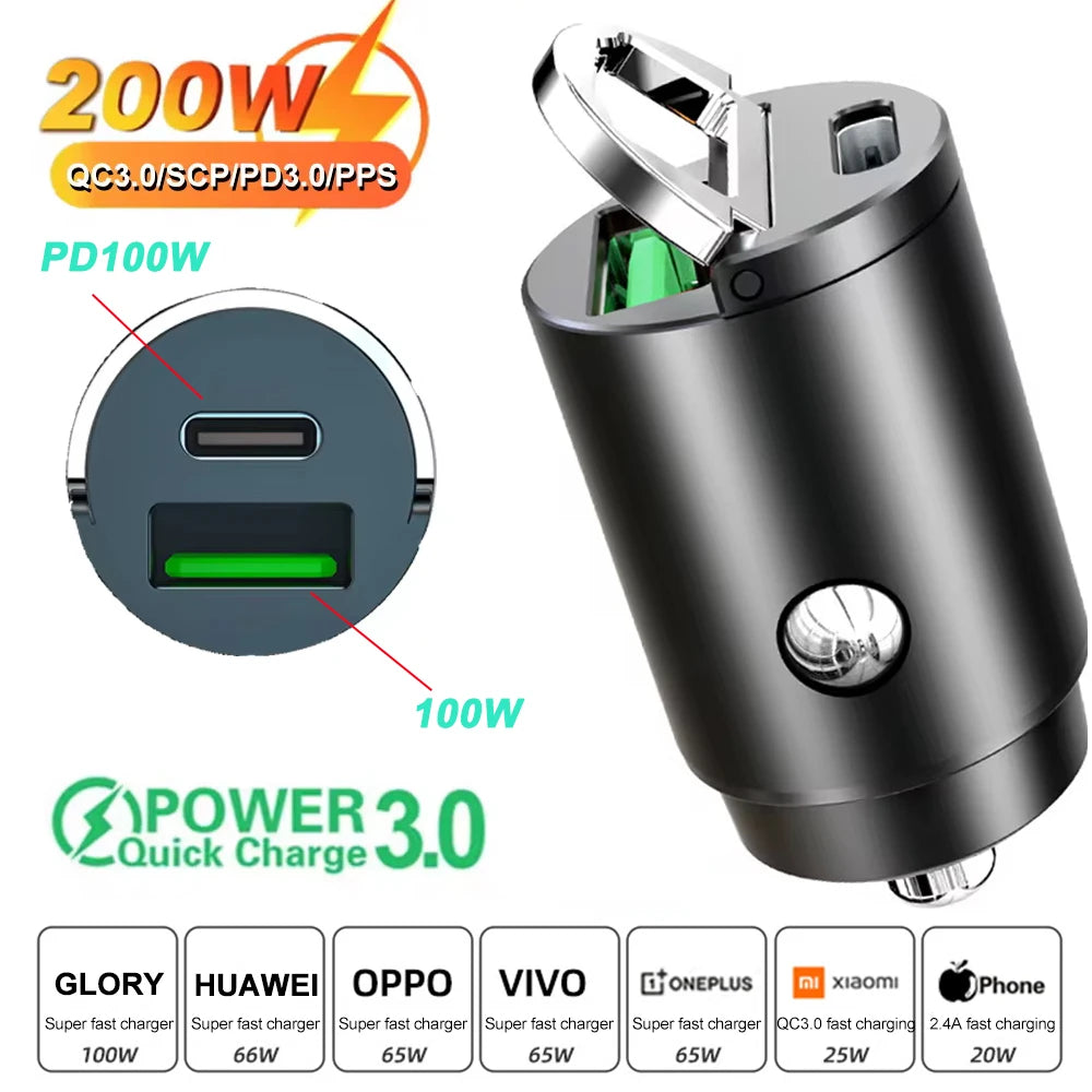 100W/200W QC3.0 PD Mini Car Charger 12-24V Lighter Fast Charging Car USB Type C Charger for Xiaomi Samsung Huawei iPhone Power